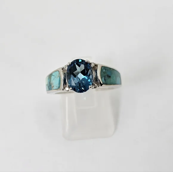 Genuine London Blue Topaz & Turquoise Ring Sterling Silver Size 7 NEW - Picture 5 of 7